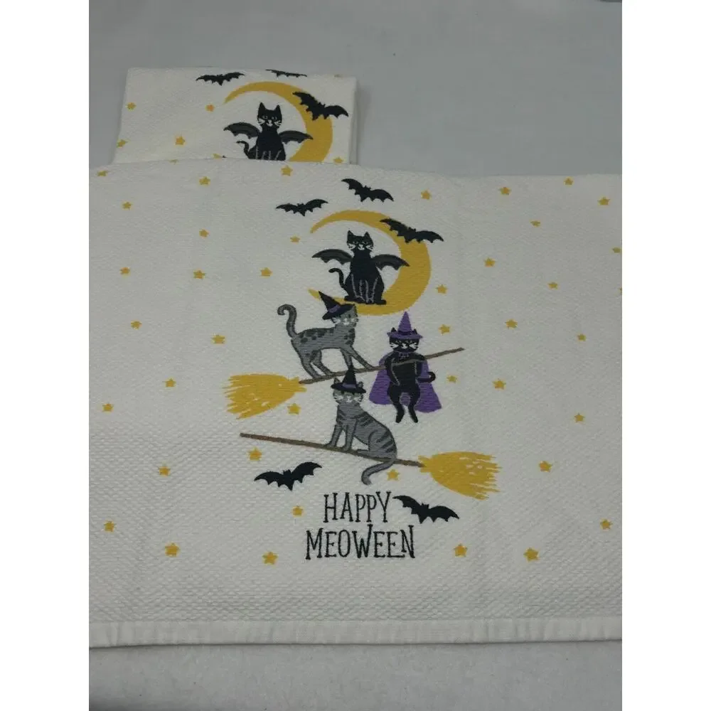 2 Nogovratz Happy Meoween Halloween Kitchen Towels‎ 100% Cotton Black Cats Bats